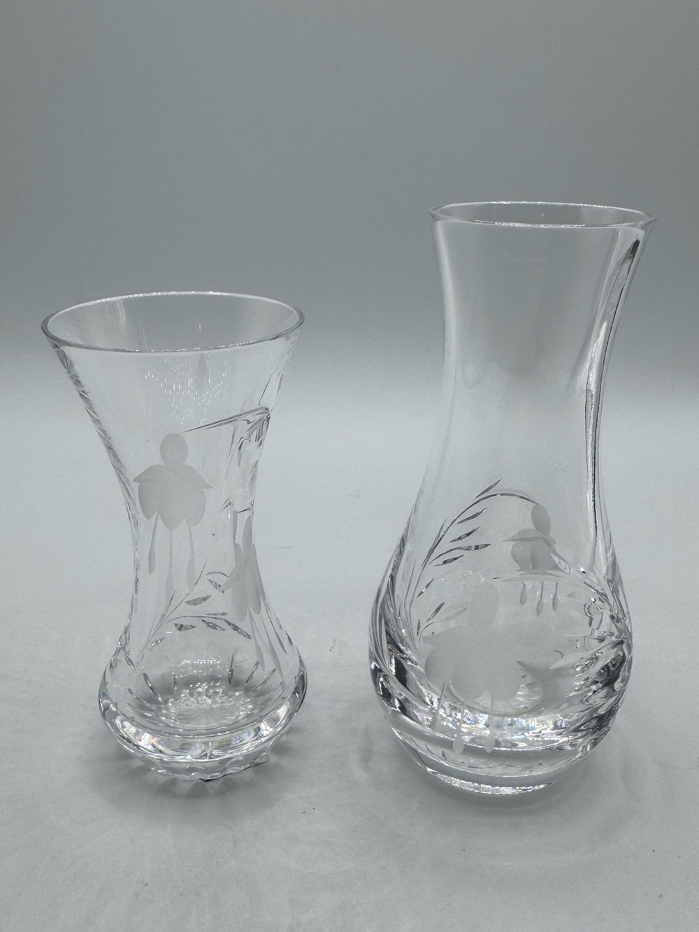 Vintage Stuart Lead Crystal Fuchsia Etched Set of 2 Bud Vase